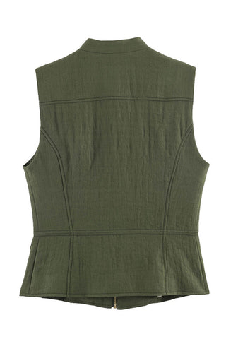 Military Button Zip Front Sleeveless Tank