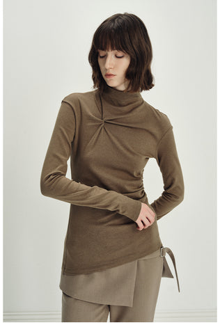 Turtleneck Draped Long-Sleeve Top