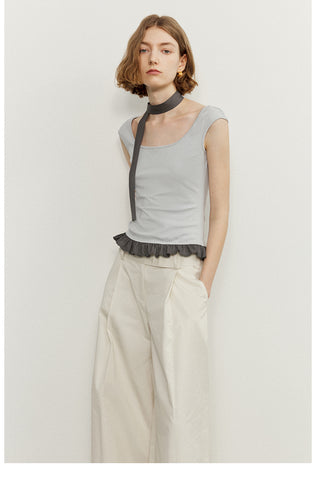 Ruffled Hem Tank Top with Tie Detail