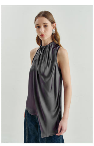 Pleated Drape Neck Sleeveless Blouse