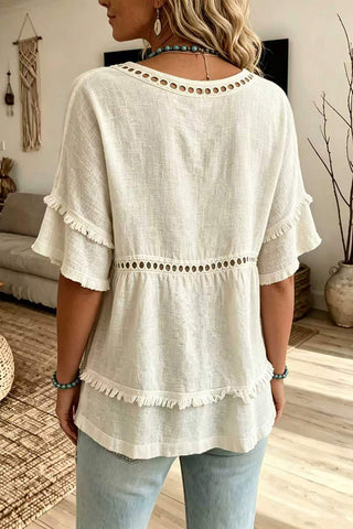 Hollow V-Neck Fringe Flutter Sleeve Top