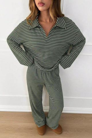 Striped Long Sleeve Collared Loungewear Set