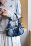 Ruched Handle Drawstring Denim Hobo Bag