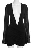 Sheer Bell Sleeve Plunge Ruched Mini Dress
