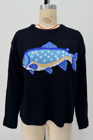 Fish Intarsia Crew Neck Knit Sweater