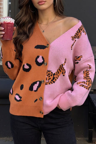 Animal Print V-Neck Button Front Cardigan