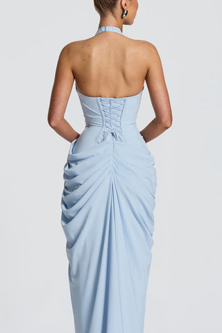 Ruched Halter V-Neck Maxi Evening Dress