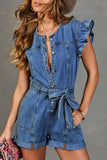 Ruffle-Sleeve Denim Romper