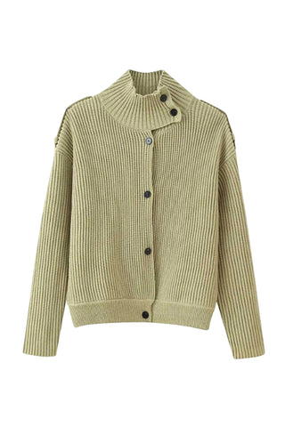 Ribbed Knit Button-Front Mock Neck Cardigan