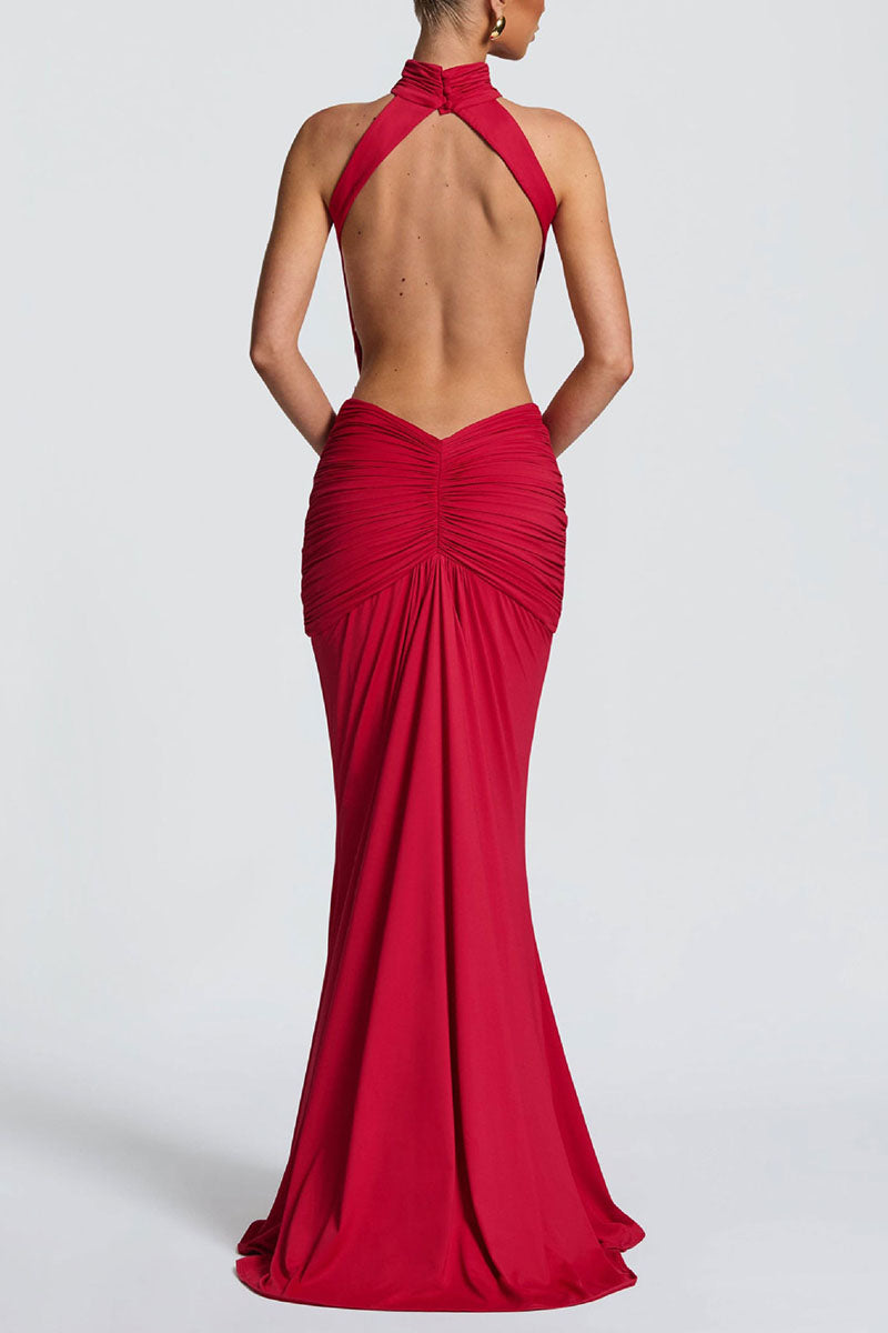 Ruched High-Neck Bodycon Maxi Dress
