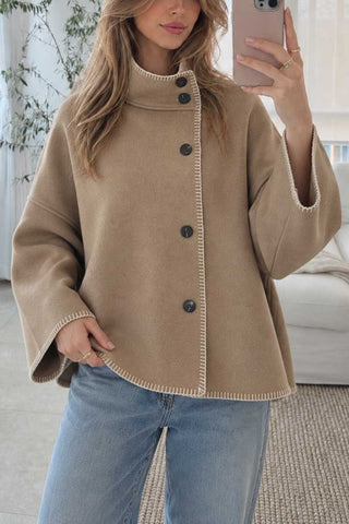 Mock Neck Contrast Stitch Button Front Jacket