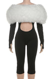 Off-Shoulder Faux Fur Accent Jumpsuit