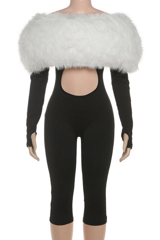 Off-Shoulder Faux Fur Accent Jumpsuit
