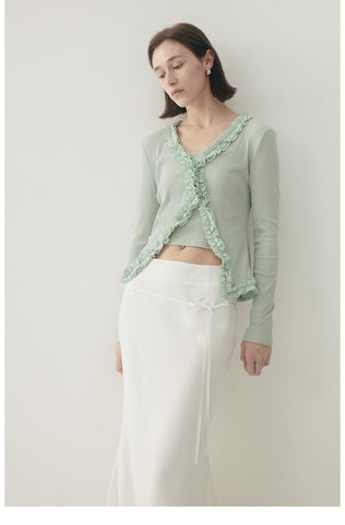 Feminine Ribbed Cardigan with Ruffled Edges