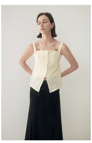 Button-Front Textured Top with Beaded Straps