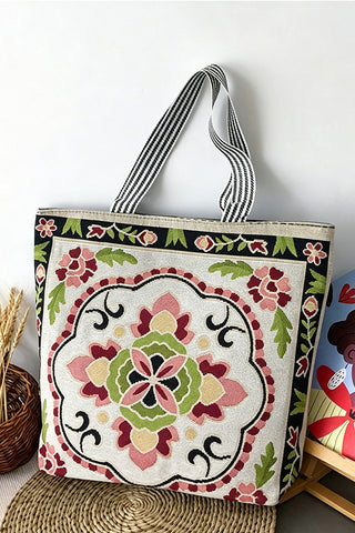 Floral Striped Handle Tote Bag