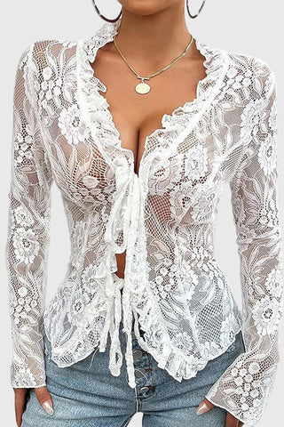 Sheer Floral Lace Ruffle V-Neck Blouse