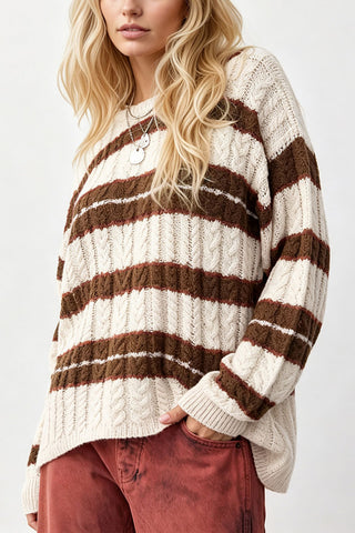 Striped Cable Knit Crew Neck Sweater