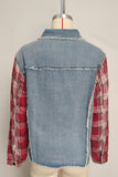 Plaid Sleeve Frayed Denim Jacket