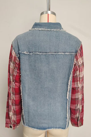 Plaid Sleeve Frayed Denim Jacket
