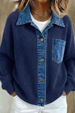 Denim Collar Ribbed Knit Button-Front Jacket