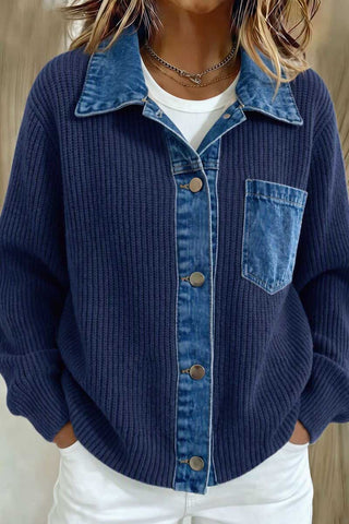 Denim Collar Ribbed Knit Button-Front Jacket
