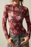 Floral Mock Neck Sheer Long Sleeve Top