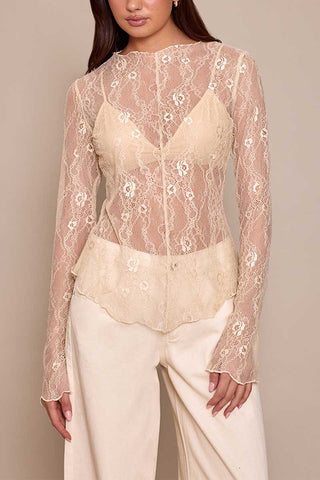 Sheer Floral Lace Long Sleeve Top