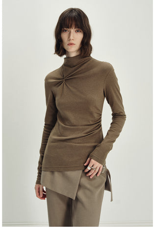 Turtleneck Draped Long-Sleeve Top