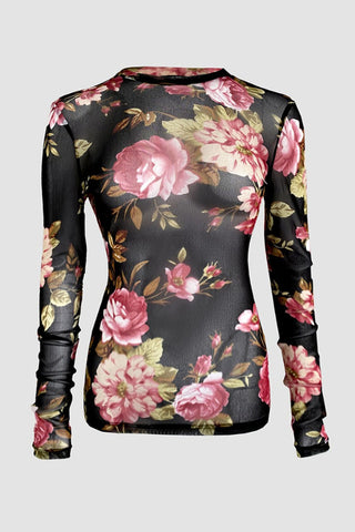 Sheer Floral Long Sleeve Crew Neck Top