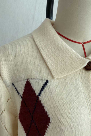 Argyle Knit Collared Button-Front Cardigan