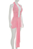 Ruched Halter Deep V-Neck Mini Dress