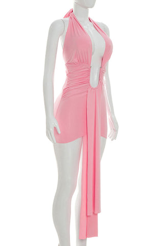 Ruched Halter Deep V-Neck Mini Dress