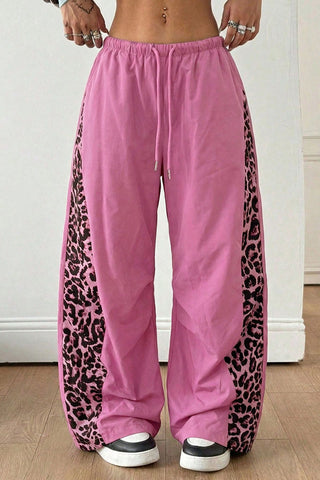 Leopard Side Panel Drawstring Wide-Leg Pants