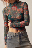 Floral Mock Neck Sheer Long Sleeve Top