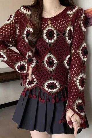 Geometric Crochet Tassel Long Sleeve Top