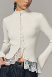 Ribbed Mock Neck Lace Trim Blouse