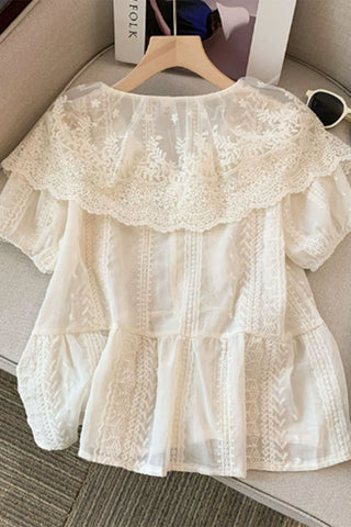 Lace Ruffle Sleeve Sheer Blouse