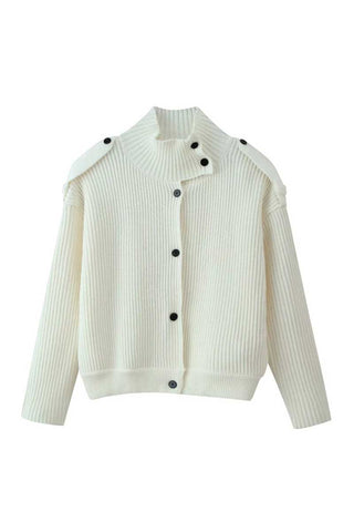 Ribbed Knit Button-Front Mock Neck Cardigan