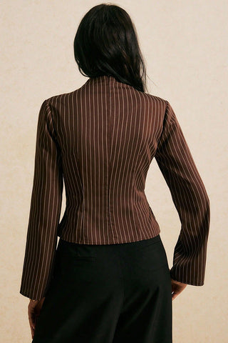 Striped Mock Neck Belted Blouse