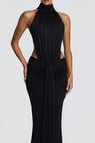 Ruched High-Neck Bodycon Maxi Dress