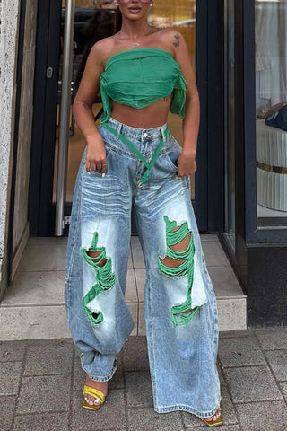 Distressed High-Waist Wide Leg Jeans