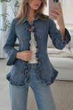 Ruffle Trim Double-Breasted Denim Jacket