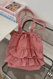 Gingham Ruffle Drawstring Tote Bag