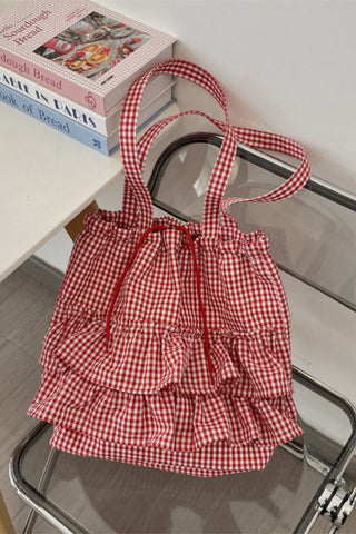 Gingham Ruffle Drawstring Tote Bag