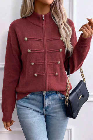 Zip-Front Mock Neck Knit Cardigan
