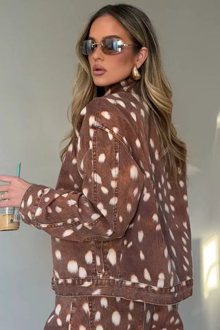 Animal Print Button-Front Denim Jacket