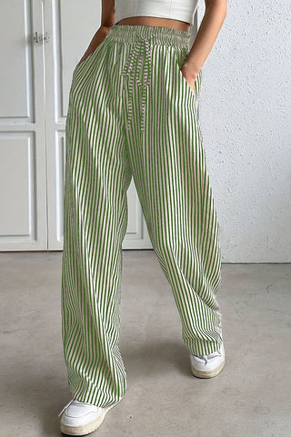 Drawstring Striped Wide-Leg Casual Pants