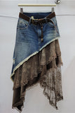 Asymmetric Denim Lace Overlay Midi Skirt