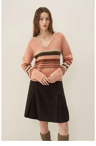 Contrast Stripe Heart-Neck Wool Sweater